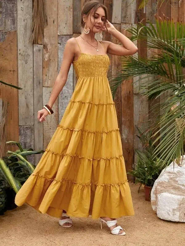 Women Shirred Detail Frill Layered Hem Cami Dress