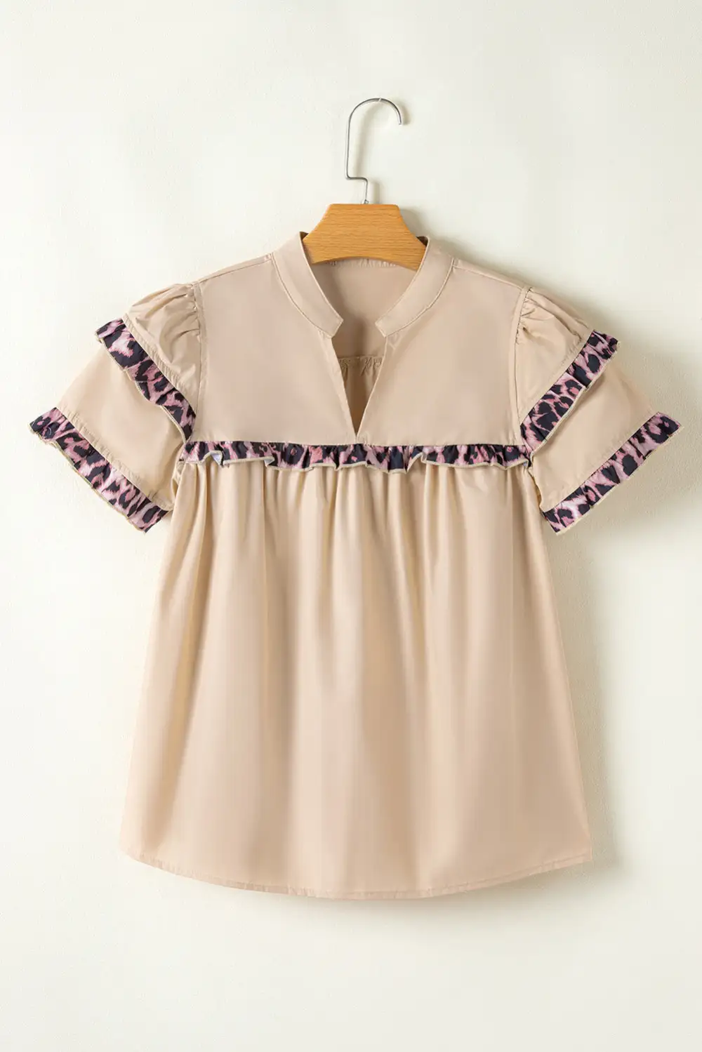 Smoke Gray Leopard Ruffles Trim Tiered Short Sleeve Blouse