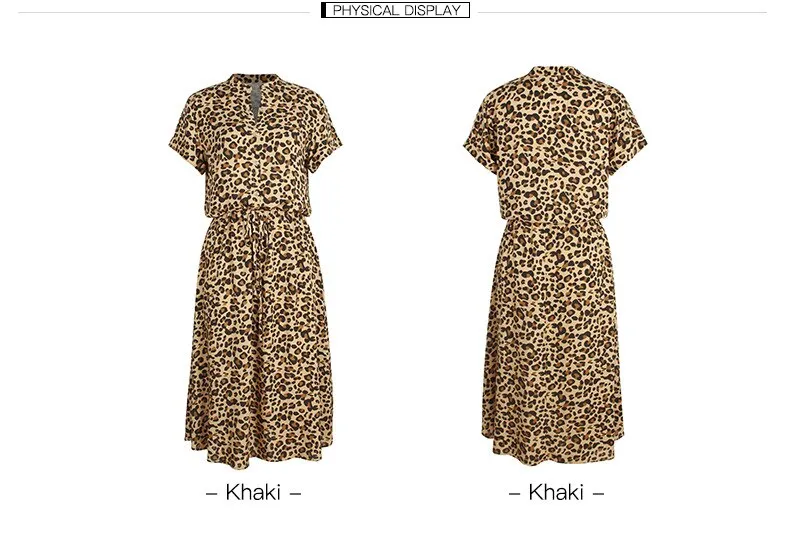 Sexy V Neck Buttons Leoprad Print Short Sleeve High Waist Summer Maxi Dress