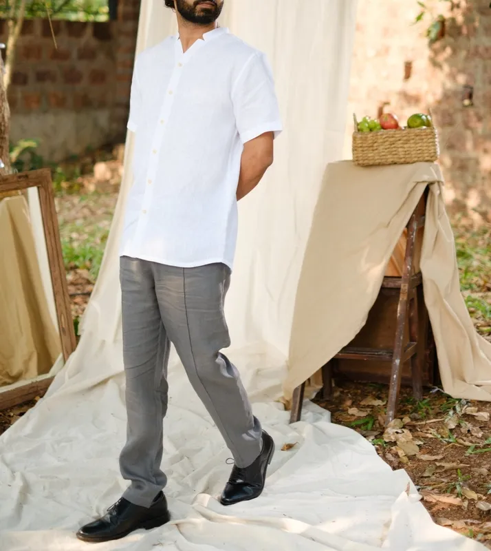 Pearl White Relaxed Linen V-Neck Shirt