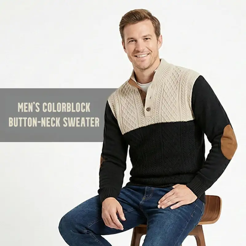 70%  OFF !! Men's Colorblock Button-Neck Sweater