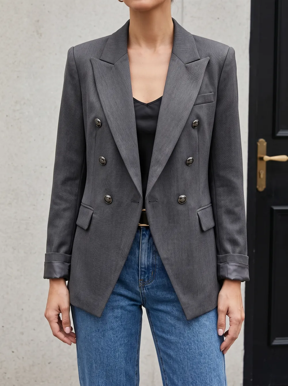 Women's Business Casual Grey Double-Breasted Blazer Jacket