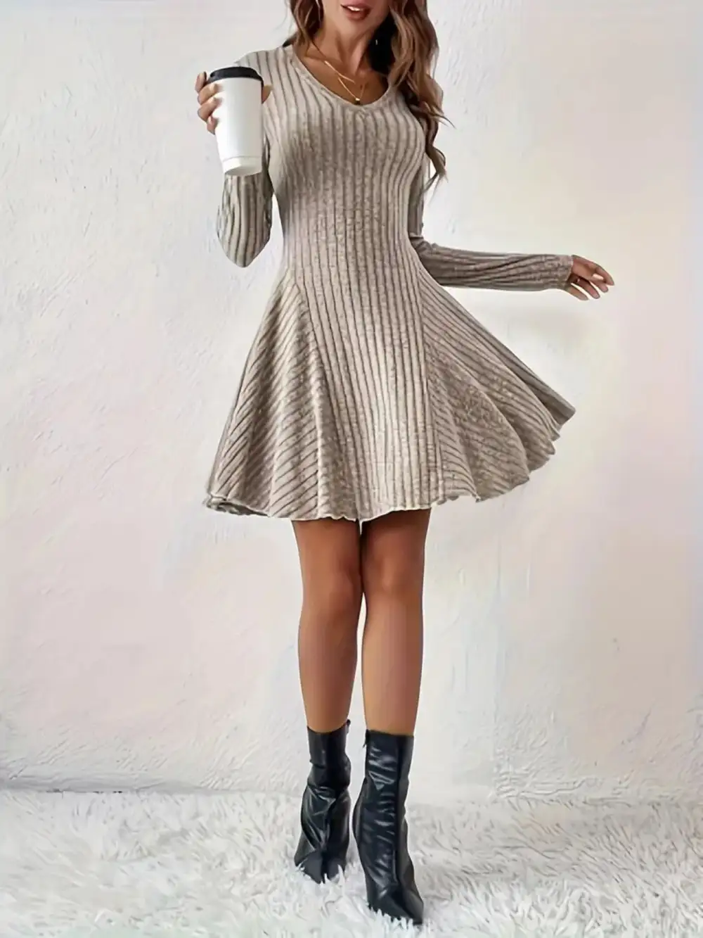 Ribbed Knit Long Sleeve Sweater Dress