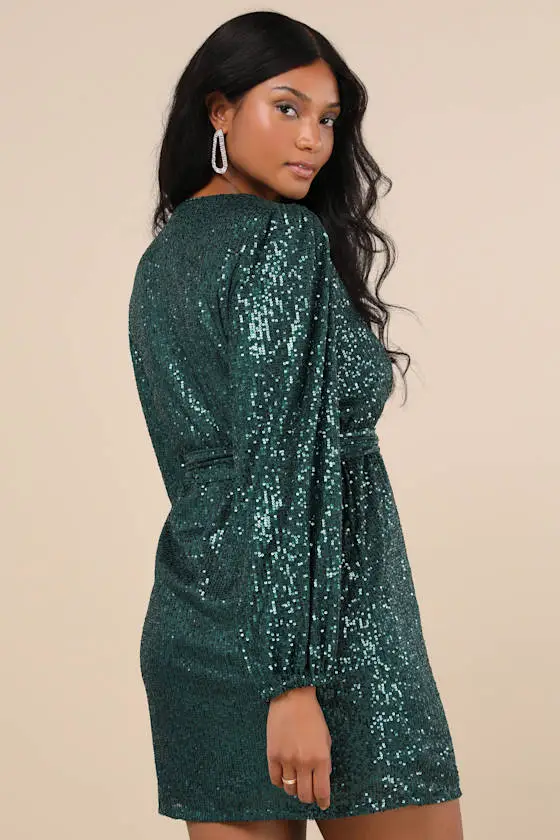 Sparkly Darling Emerald Green Sequin Long Sleeve Wrap Dress