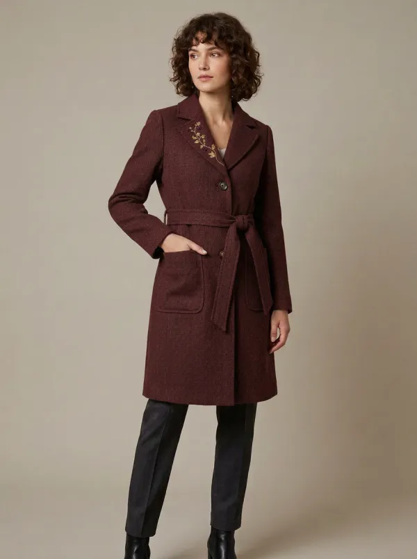 Women's Vintage Style Floral Embroidery Herringbone Printed Coat