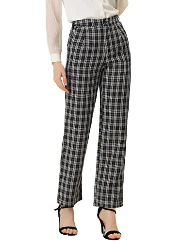 Women's Plaid Pants Elastic Waist Casual Work Office Long Trousers