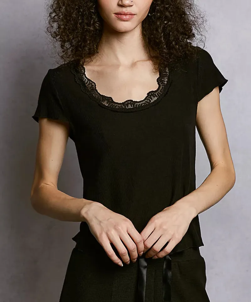 Refined Round-Neck Short-Sleeve Lace-Detail Ribbed T-Shirt