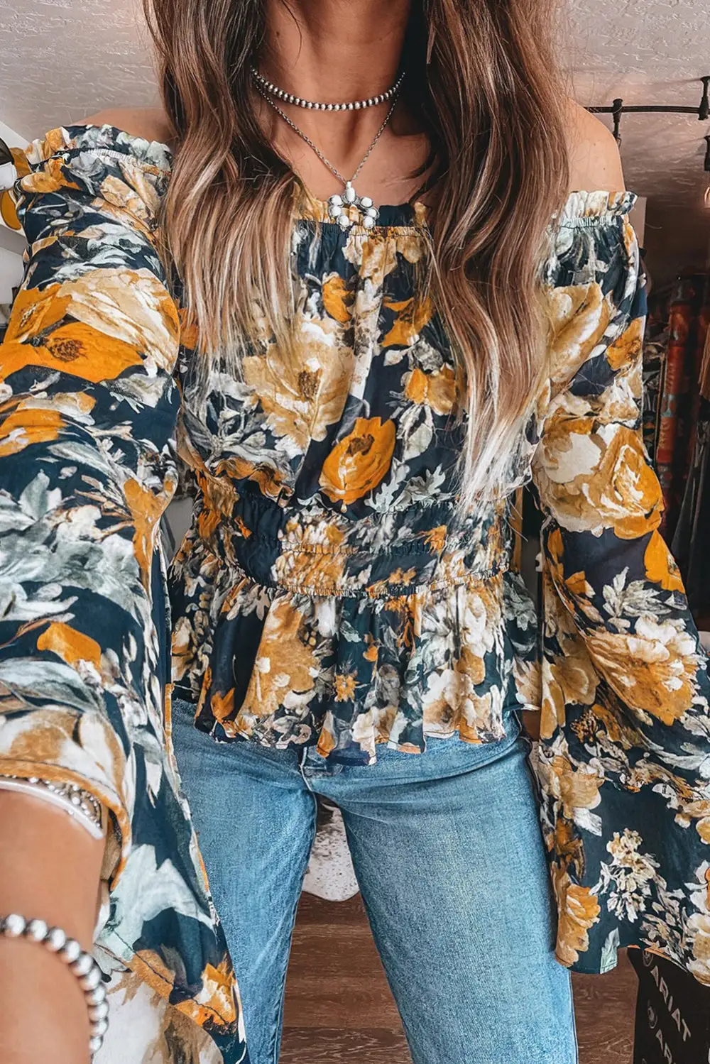 Floral Bell Sleeve Off Shoulder Top