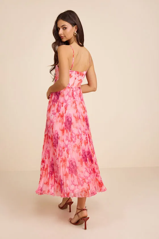 Sincerely Gorgeous Pink Multi Floral Pleated Midi Dress