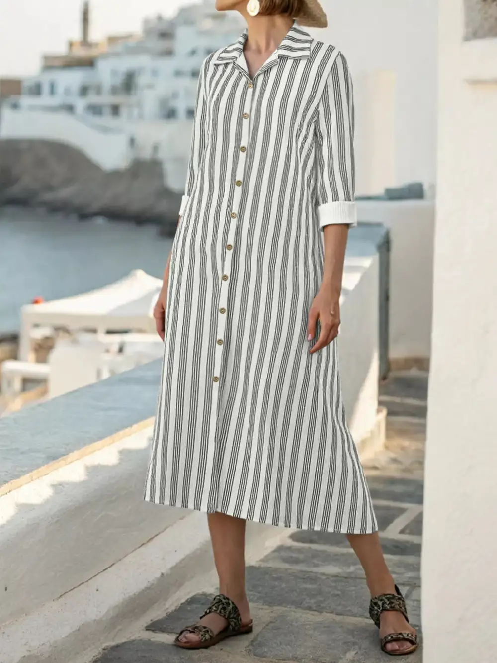 Drape Striped Button Front Midi Dress