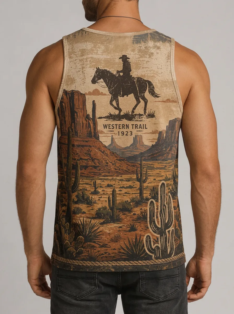 Men's Western Trail Cowboy Cactus Desert Printed Tank Top