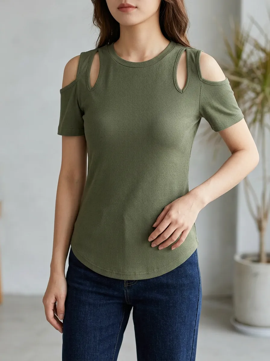 Women's Olive Green Ribbed Cold Shoulder Cutout Top