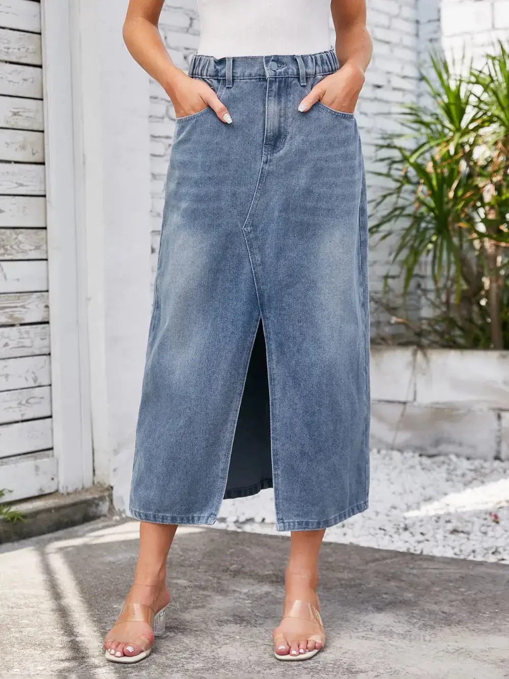 Slit Midi Denim Skirt With Pockets