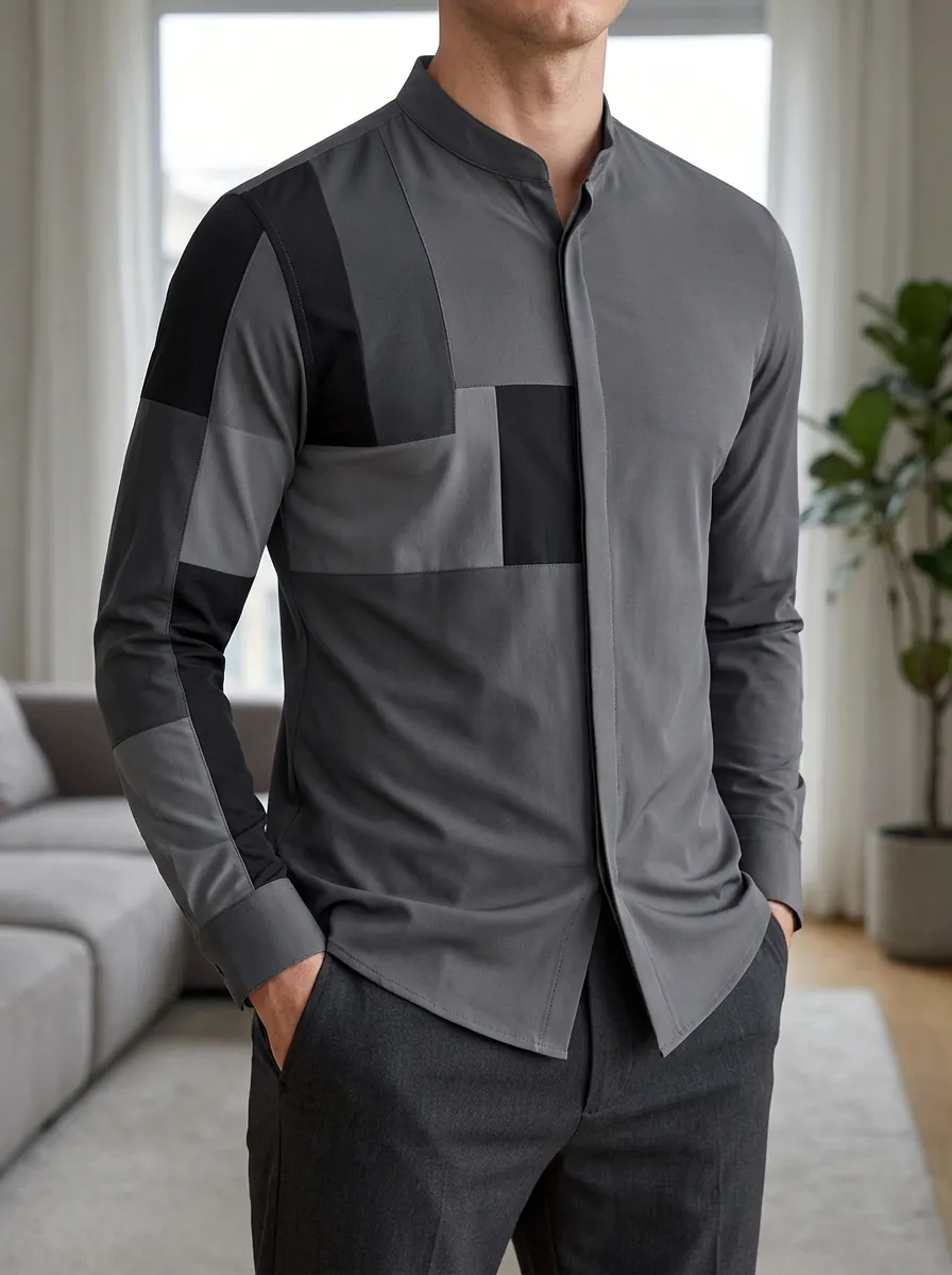 Men's Slim Fit Grey Black Colorblock Mandarin Collar Shirt