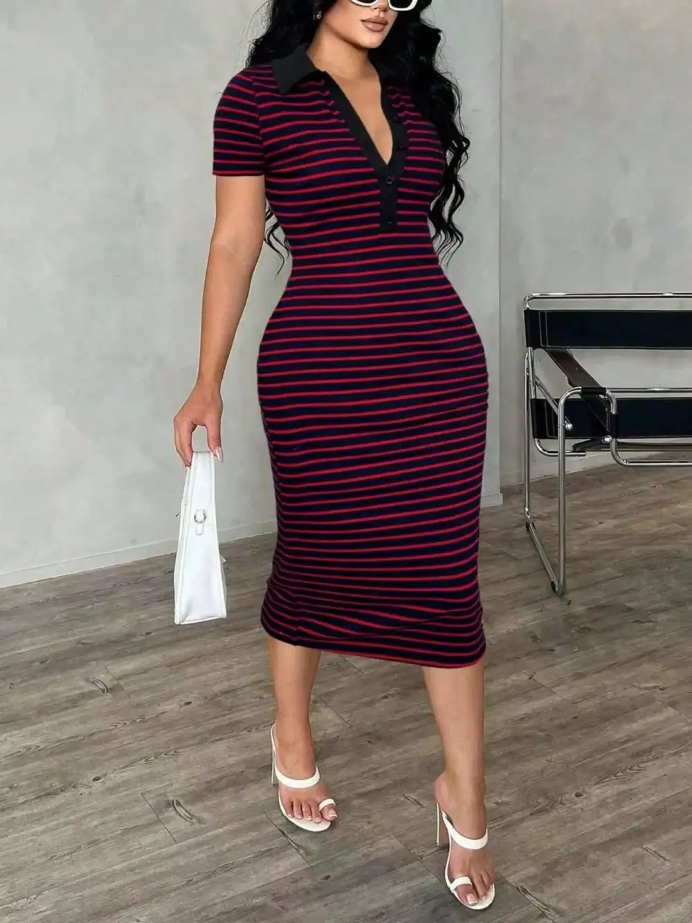 Striped Polo Collar Midi Dress