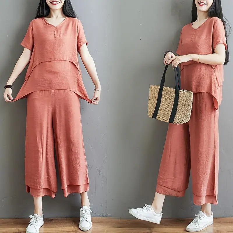 Women's Double-Layer Wide-Leg Pants Cotton And Linen Suit