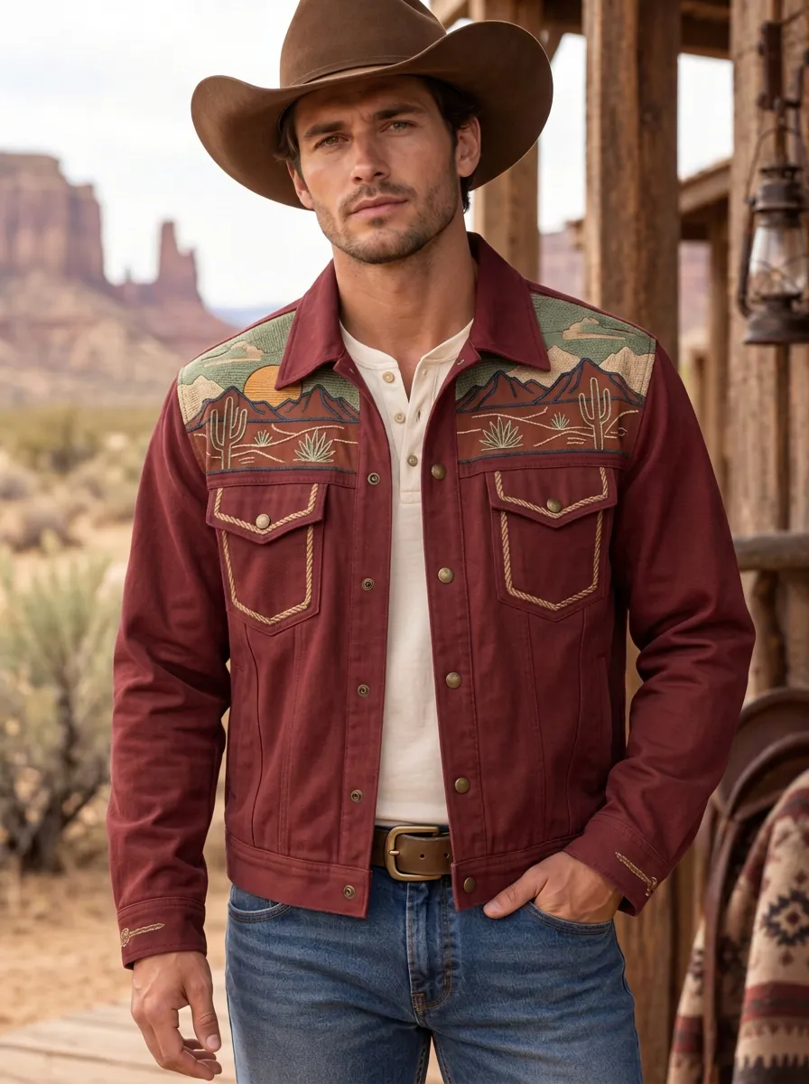 Men's Classic Western Cowboy Cactus Desert Landscape Jacket