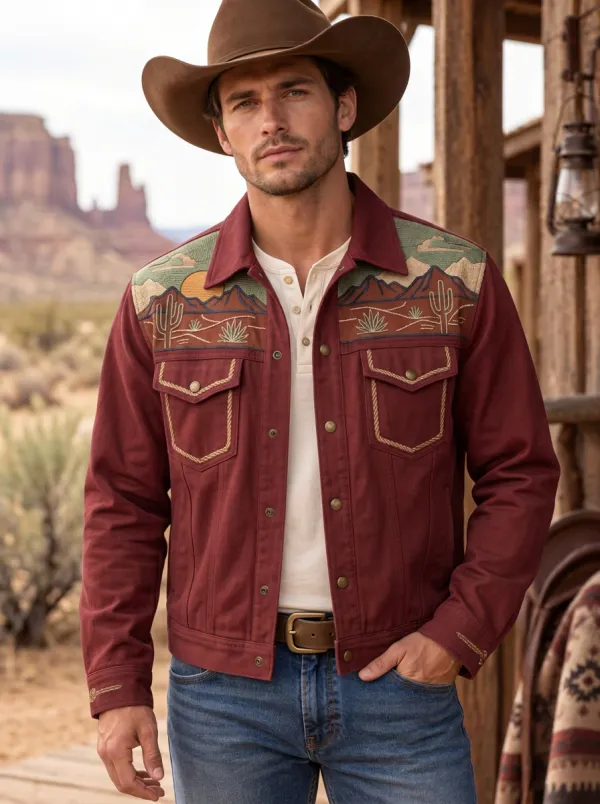 Men's Classic Western Cowboy Cactus Desert Landscape Jacket