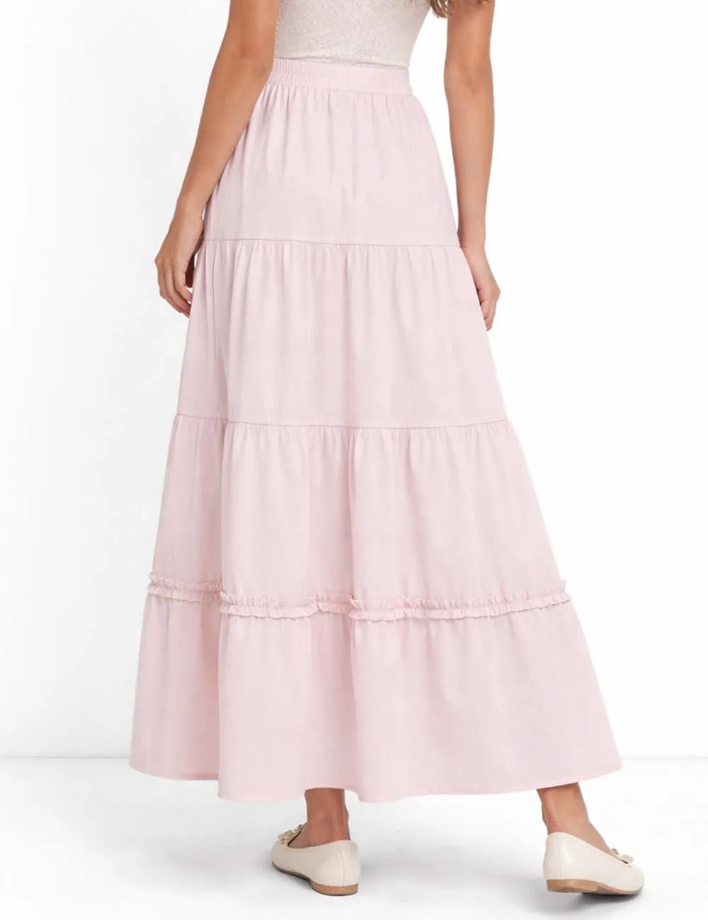 Tiered Hem Elastic Waist Solid Color Midi Skirt