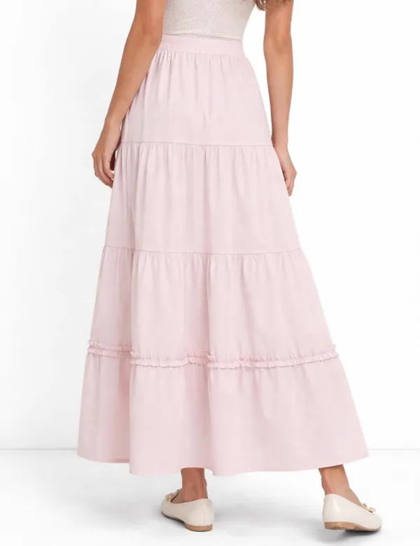 Tiered Hem Elastic Waist Solid Color Midi Skirt