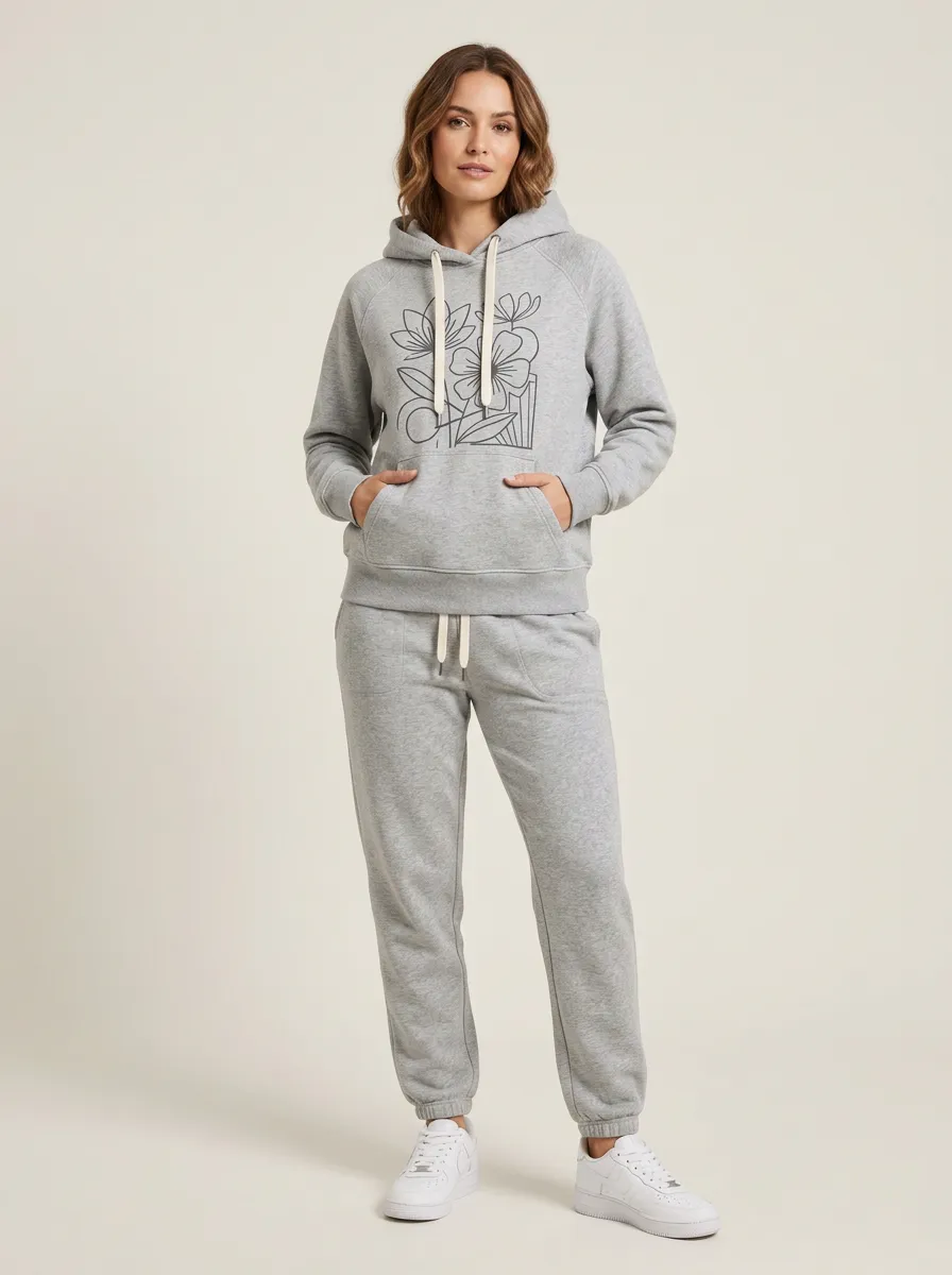 Women's Heather Grey Relaxed Fit Solid Hoodie & Pants Set