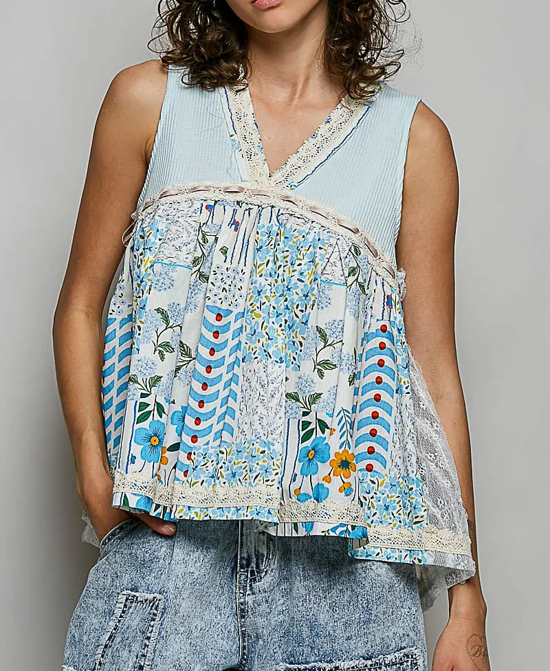 Floral V-Neck Sheer Tank With Lace Trim
