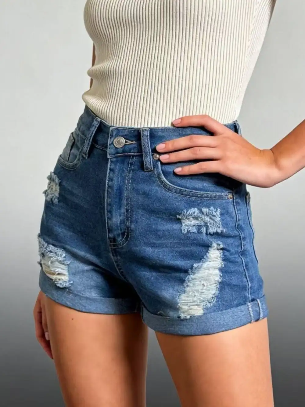 Buttoned Distressed High Waist Pocketed Shorts
