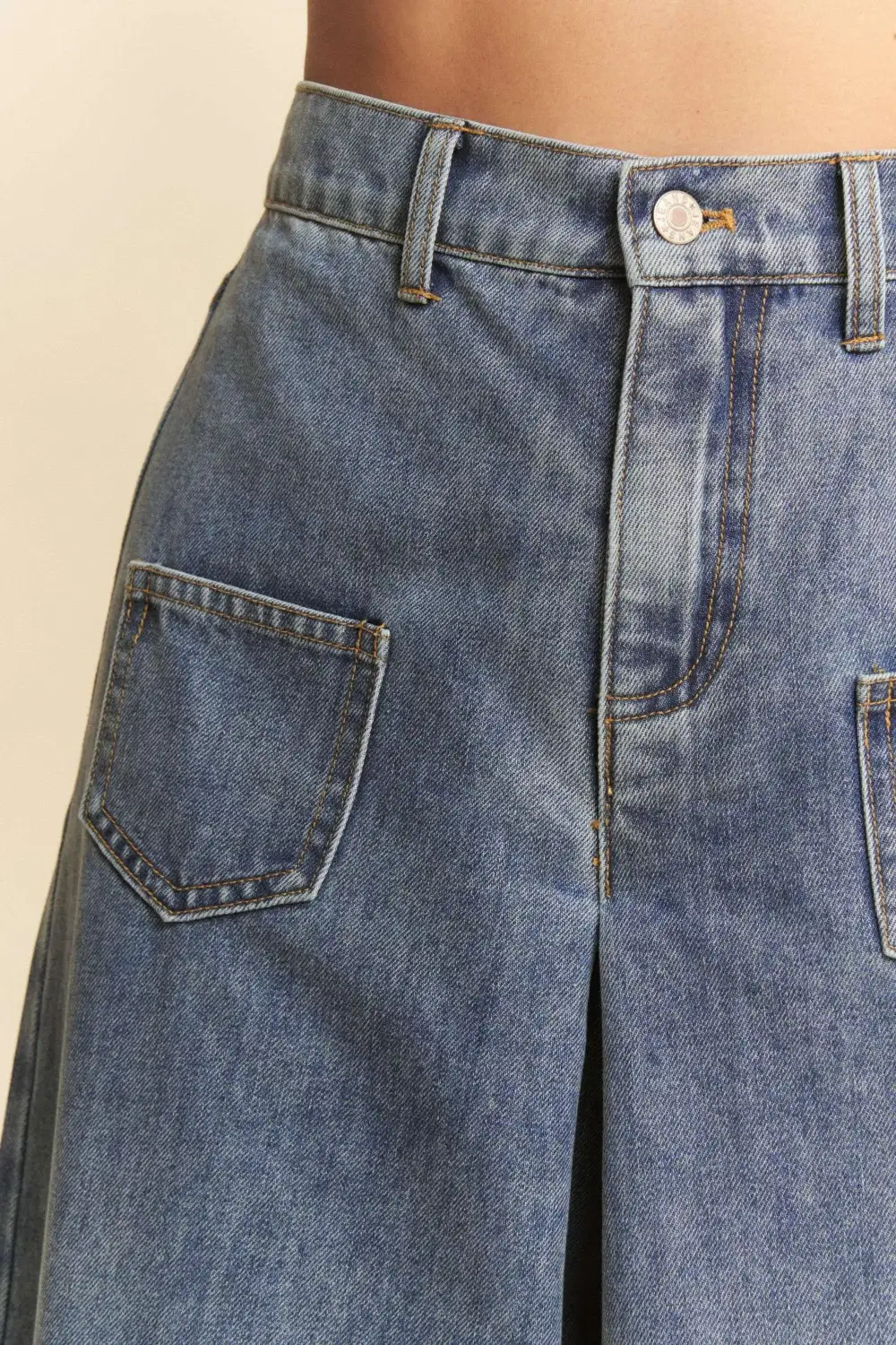Patch Pocket Wide Leg Culotte Denim Jeans