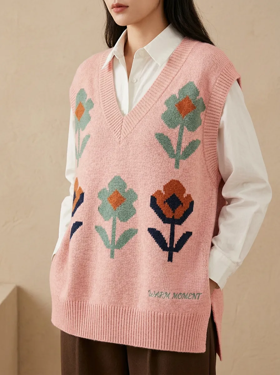 Floral Vneck Button Sweater Vest