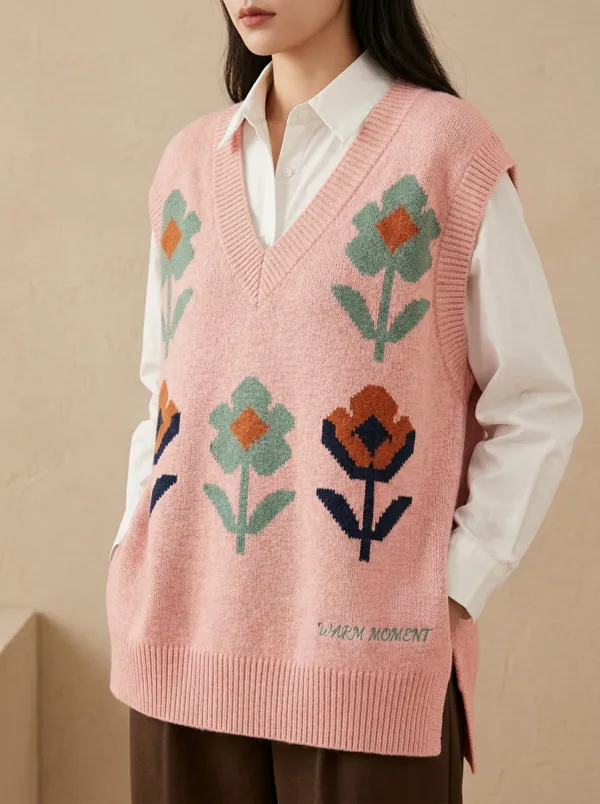 Floral Vneck Button Sweater Vest