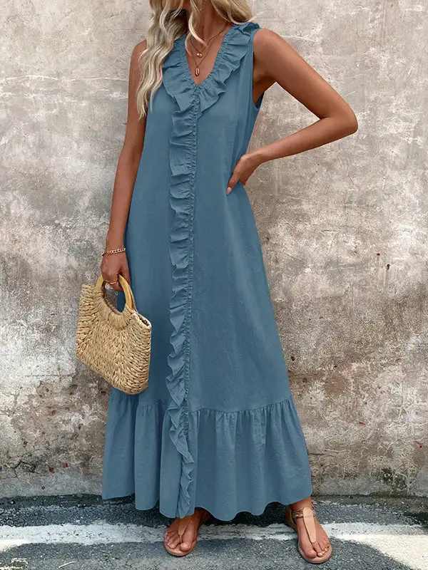 Loose Trim Pleated Neck Maxi Dress