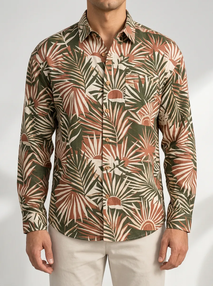 Men's Tropical and Botanical Patterned Long Sleeve Shirt