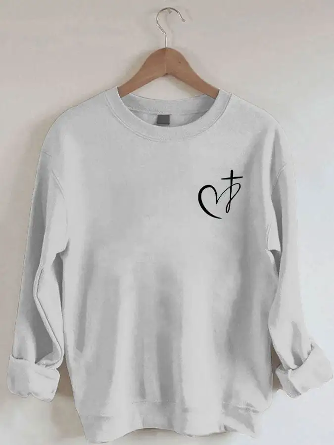 Women's Heart Cross Christian Jesus Has My Back Print Sweatshirt
