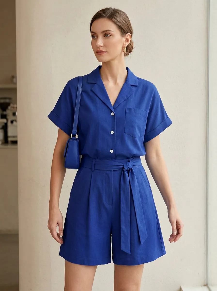 Short-Sleeve Button-Down Short-Sleeve Casual Matching Set