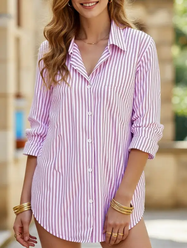 Striped Lapel Long-Sleeved Cardigan Shirt