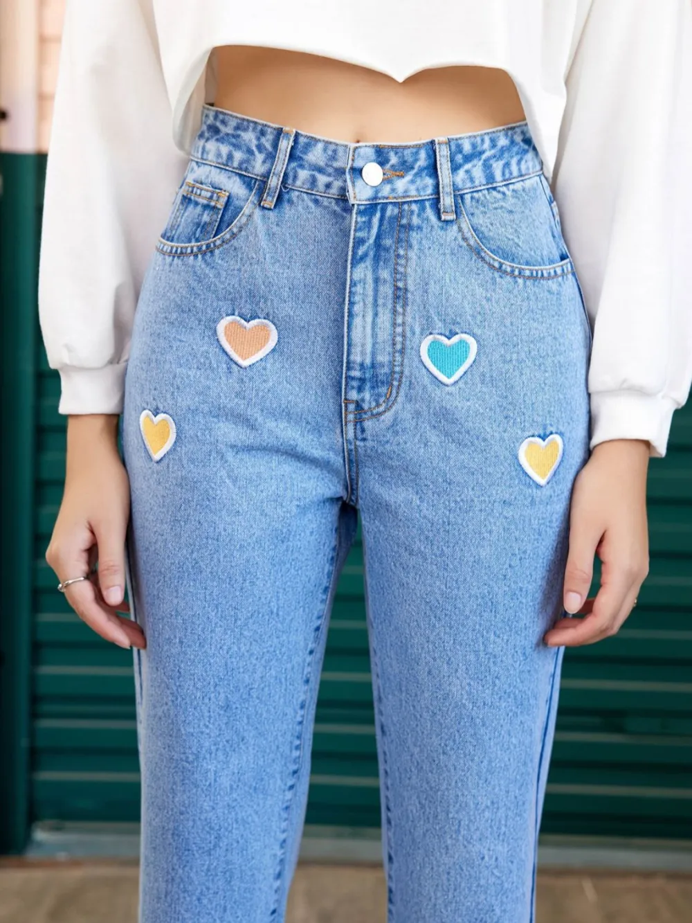 Heart Straight Leg Pocket Denim Jeans