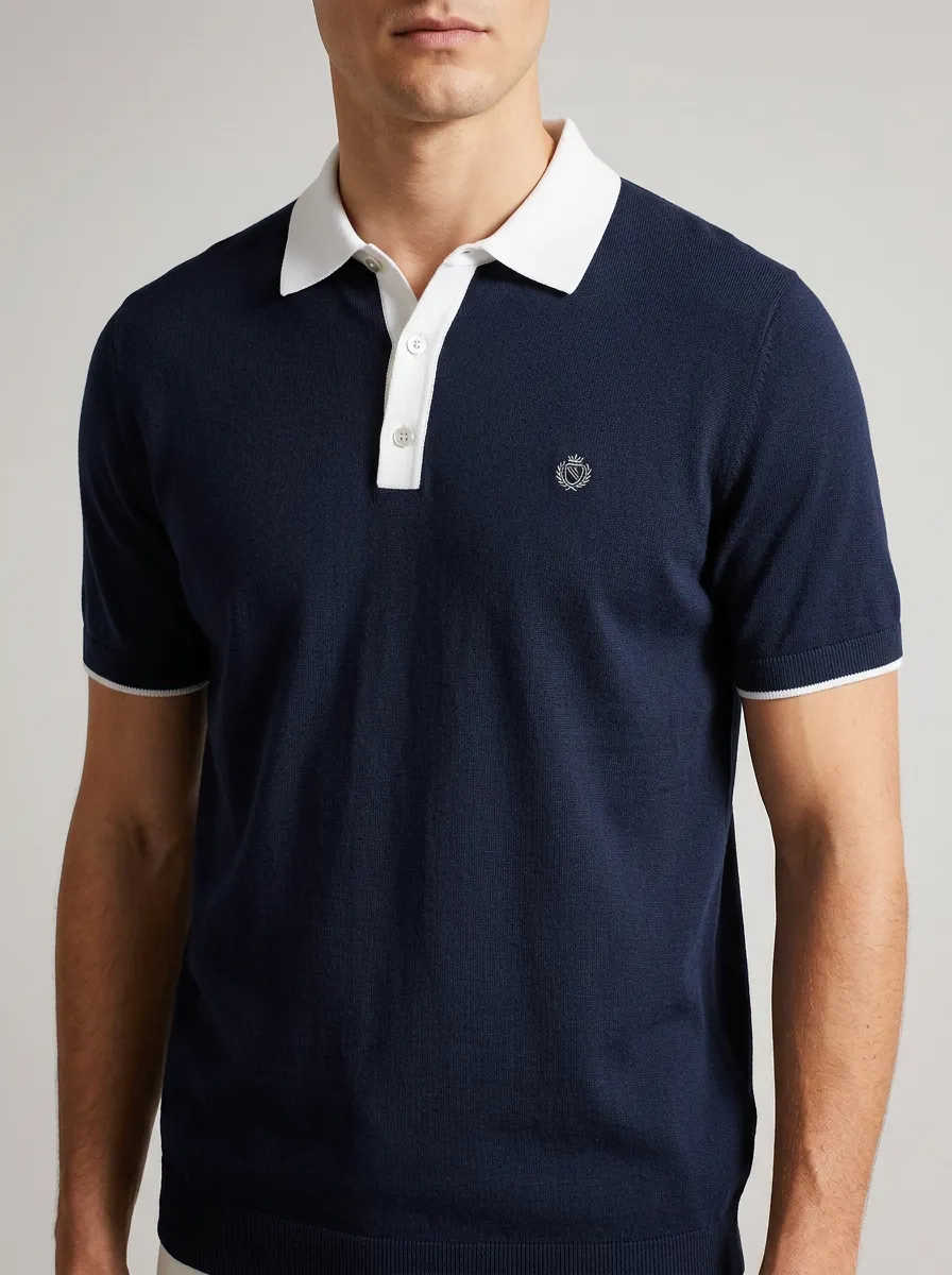 Men's Knit Ribbed Textured Contrast-Collar Embroidered Polo Shirt
