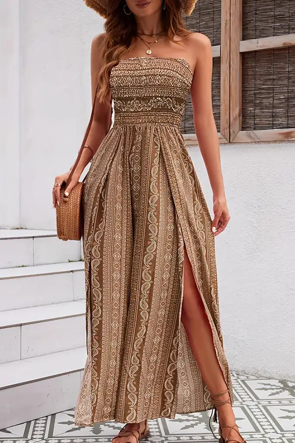 Printed Bandeau Slit Design Jumpsuit