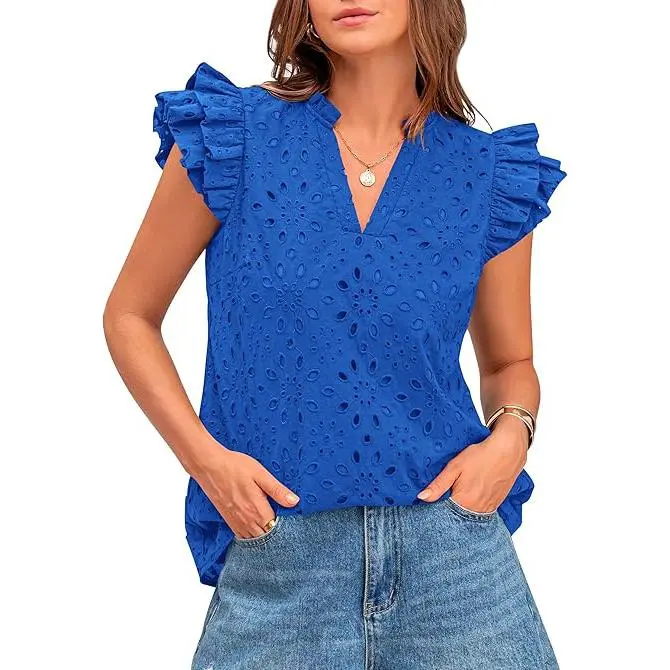 Women Summer Eyelet Tops Dressy Casual V-Neck Ruffle Cap Sleeve Cotton Boho Shirts