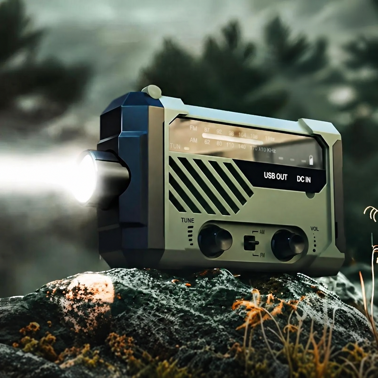 Green emergency radio with its flashlight on in an outdoor setting