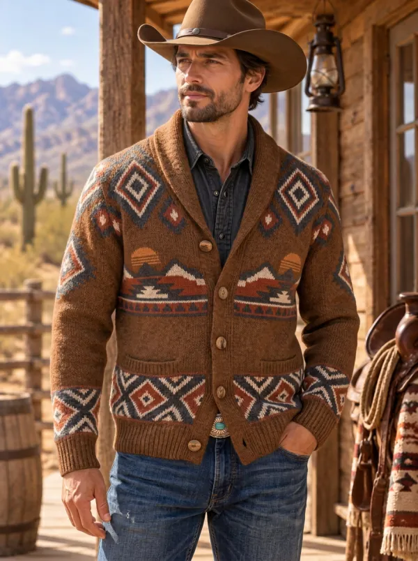 Dusty Trail Mountain Southwestern Western Classic Men's Western Cardigan