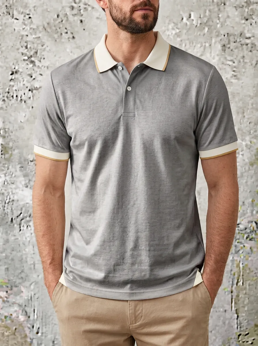 Men's Gray Textured Contrast-Collar Pattern Polo Shirt