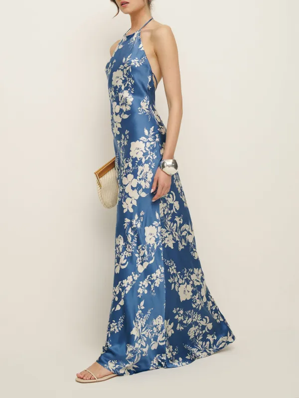 Halter Neck Floral Print Silk Maxi Dress