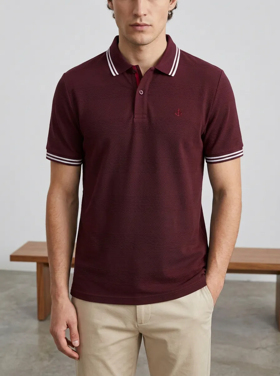 Men's Knit Ribbed Textured Striped Nautical-Anchor Embroidered Polo Shirt