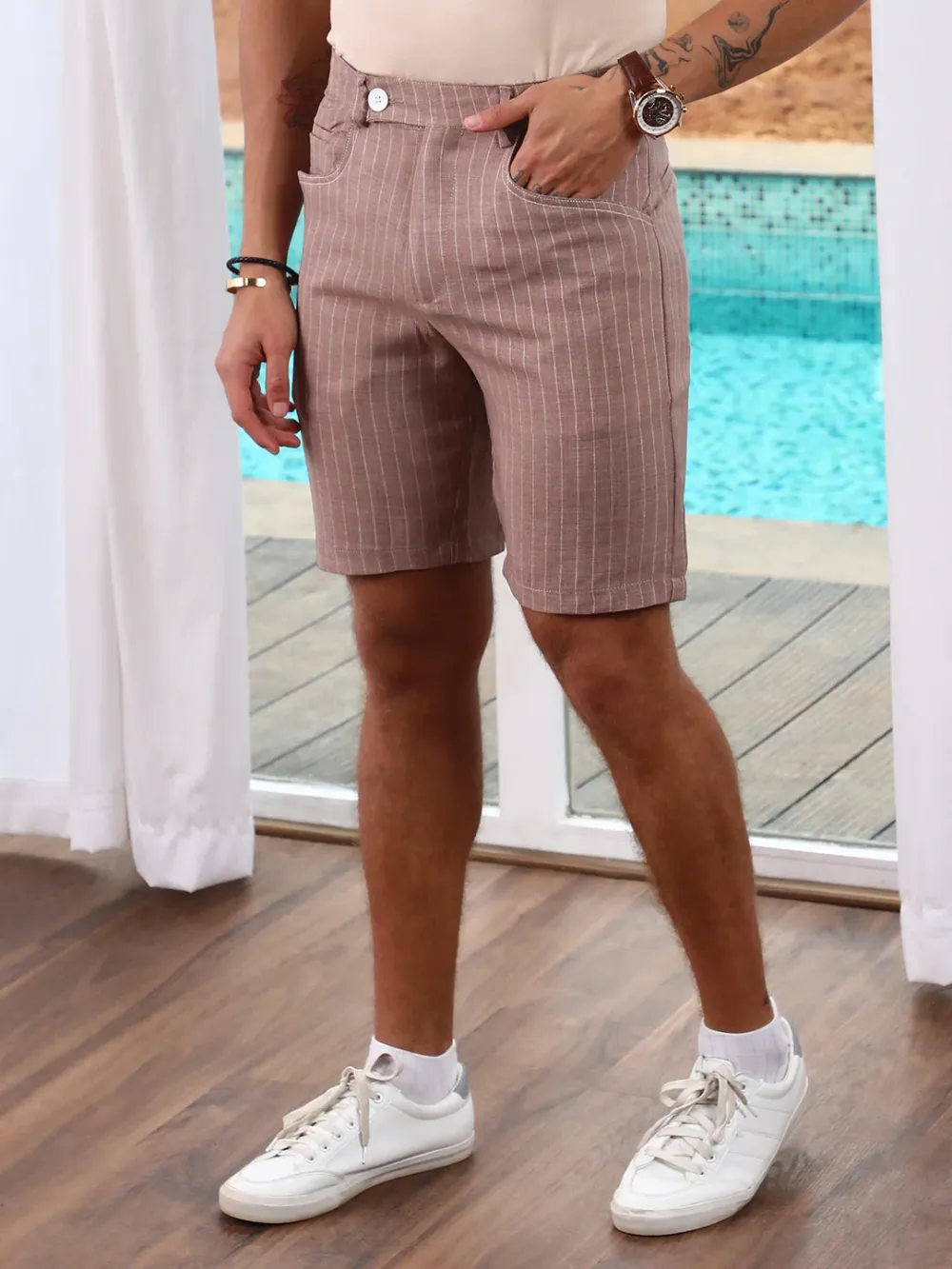 Brown Casual Style Striped Shorts