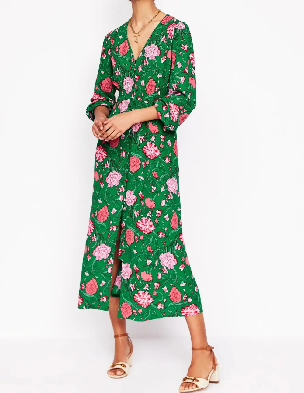 Button Front Collar V neck Long Sleeve Dress