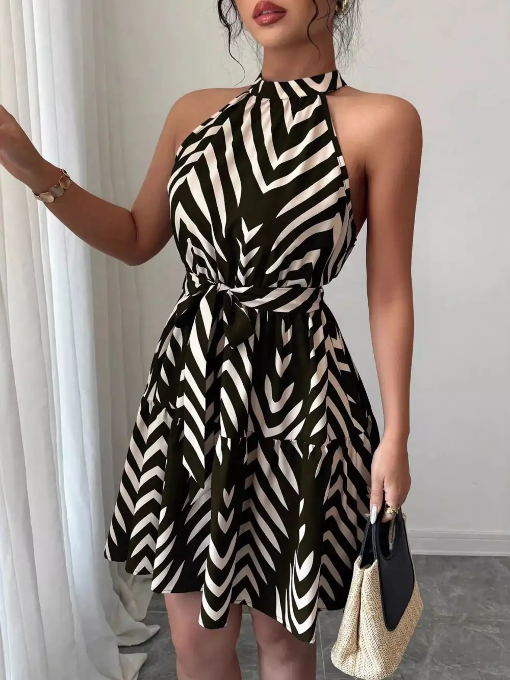 Printed Tie Waist Ruffle Dress Casual