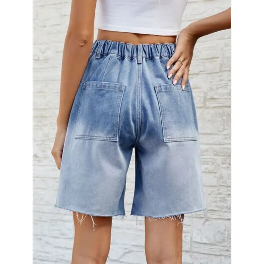 Buttoned Raw Hem Denim Shorts with Pockets