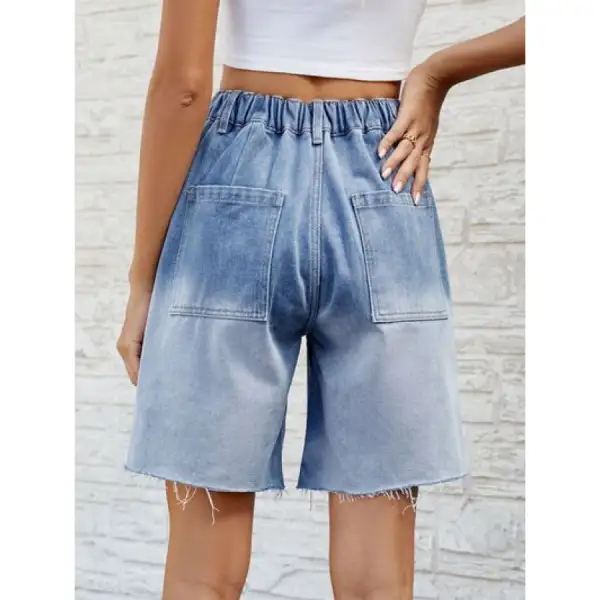 Buttoned Raw Hem Denim Shorts with Pockets