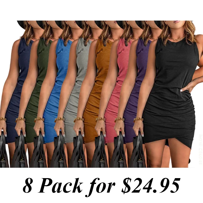 8PACK-Women'S Fashion Solid Color Knitted Dress